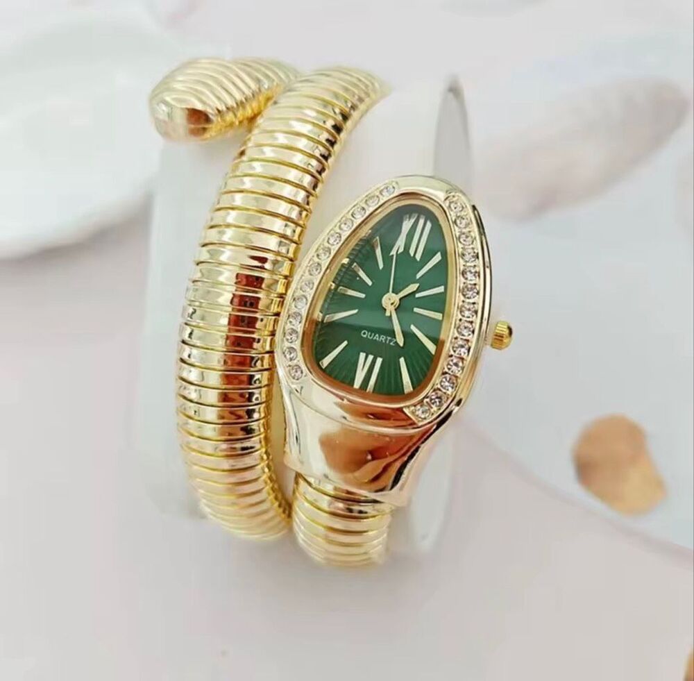Luxurious Gold Tone Elegant Serpentine Bracelet Watch Crystal Green Dial NWOT